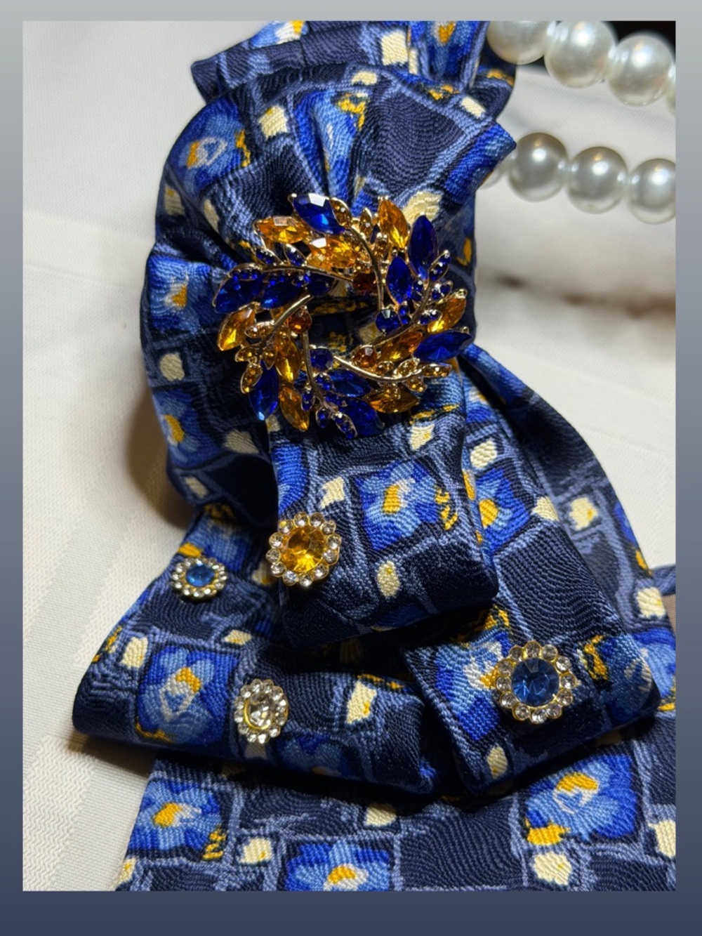 Blue Floral Silk Tie with Gold & Blue Rhinestone Brooches